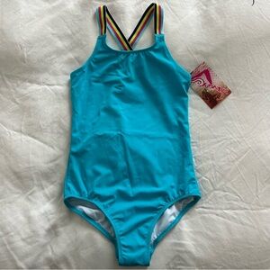 NWT Kanu Surf aqua blue one piece bikini swimsuit with rainbow cross straps